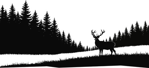 Black silhouette of a majestic deer with large antlers standing in a pine forest landscape. © Pasni