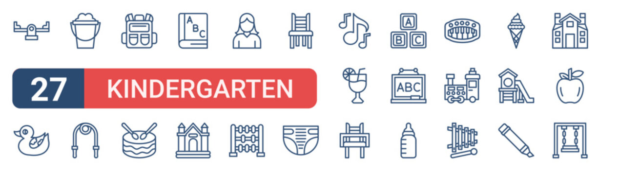 Set of 27 outline Kindergarten icons for modern UI, landing pages and digital services. Editable stroke collection with seesaw, duck, sand bucket, bouncy castle, juice and xylophone.
