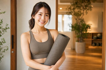 Naklejka premium ヨガマットを抱えるアースカラーの女性