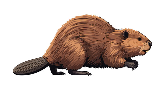 Detailed illustration of a North American beaver with brown fur and flat tail.