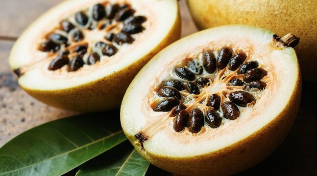 Chico zapote fruit halves reveal sweet tropical pulp and dark seeds on wooden surface. Whole fruit and green leaves complete natural food scene.