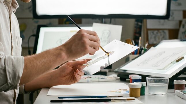 Animator hand using a fine brush to paint colors onto a transparent animation cel at a lit desk