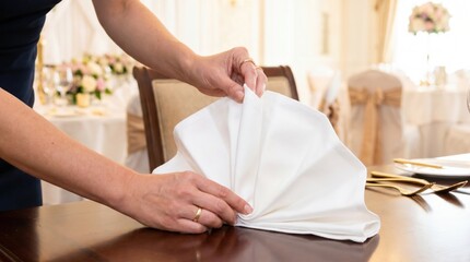 Obraz premium Waiter setting up a dining table by folding a white linen napkin in an elegant restaurant