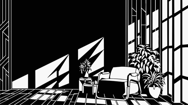 A modern interior living room scene featuring a minimalist design with dramatic shadow patterns cast by sunlight through large windows.