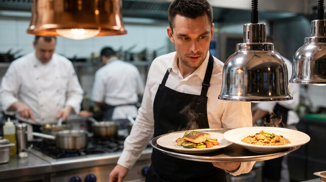 Professional waiter carrying gourmet dishes on a tray in a busy commercial restaurant kitchen. Highly detailed, dynamic dining service concept with chefs in the background.