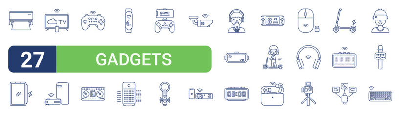Set of 27 linear Gadgets icons for web projects, mobile apps and interface menus. Vector icon set including tablet, game controller, game controller, recording studio, earphones and electric