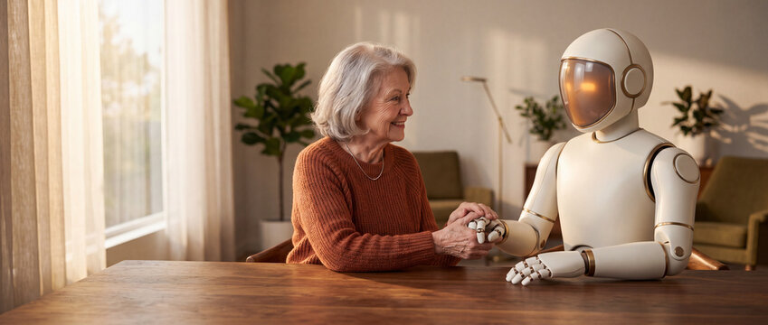Elderly woman smiling and holding hands with a friendly humanoid robot in a cozy living room, symbolizing companionship and future technology integration