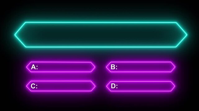 Interactive quiz neon line animation with multiple choice options on black background for challenge game template.