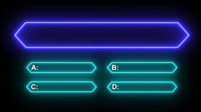 Interactive quiz neon line animation with multiple choice options on black background for challenge game template.