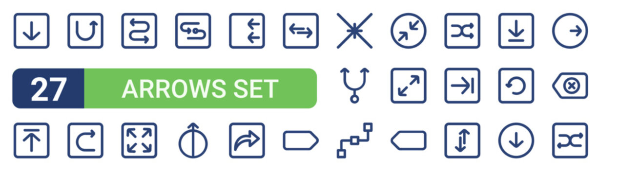 Set of 27 linear Arrows Set icons for web projects, mobile apps and interface menus. Vector icon set including up arrow, curved arrow, import, center align, backward and random.
