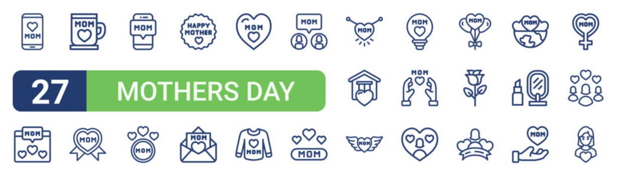 Set of 27 linear Mothers Day icons for web projects, mobile apps and interface menus. Vector icon set including online, smartphone, mothers day, necklace, mothers day and mom.