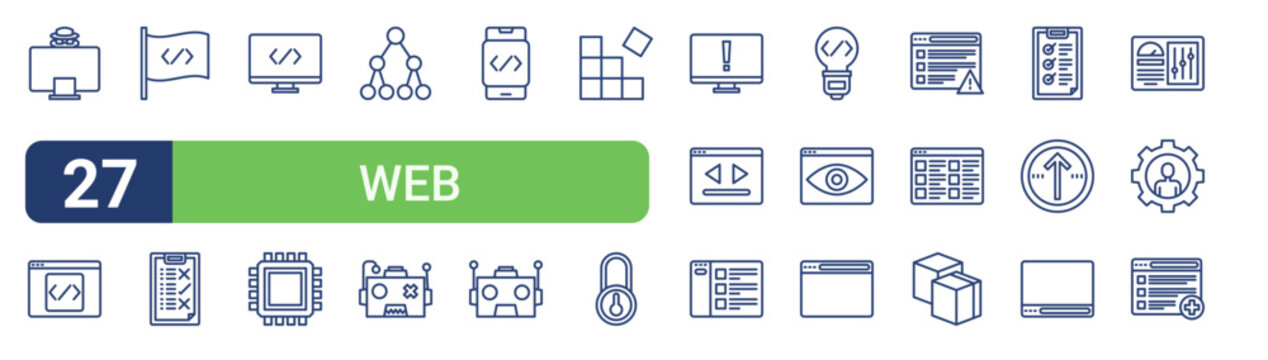Set of 27 linear Web Programming icons for web projects, mobile apps and interface menus. Vector icon set including code, code, developer, report, toolbar and add.