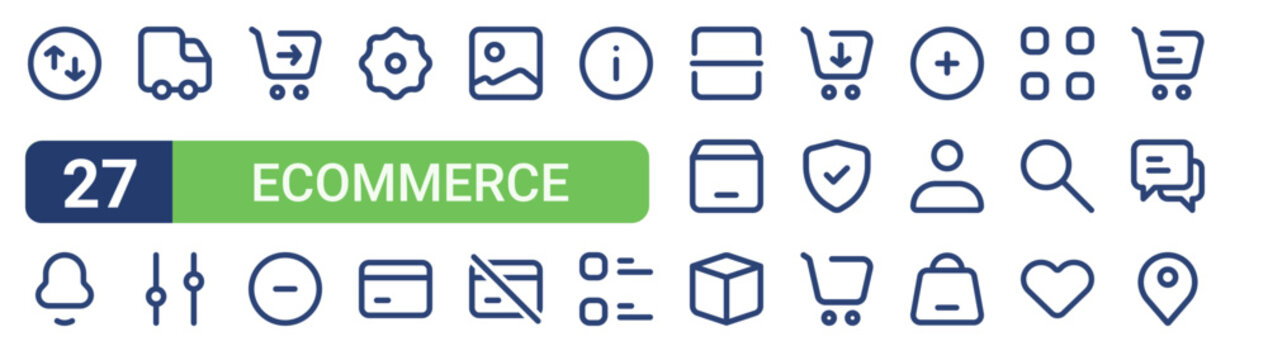 Set of 27 linear Ecommerce icons for web projects, mobile apps and interface menus. Vector icon set including notification, shopping and commerce, image, scan, empty cart and location.