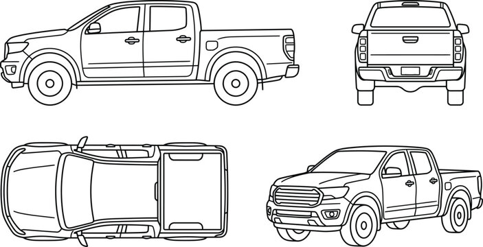 Pickup Truck Blueprint Technical Drawing Multiple Views Vector Illustration