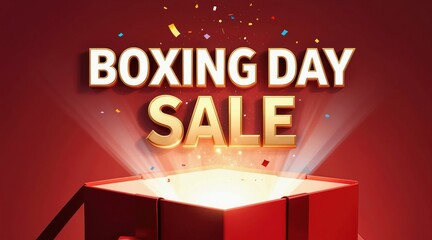 Boxing Day sale event with glowing gift box and confetti falling. Special offer for shoppers. Great discounts and bargains available for customers.