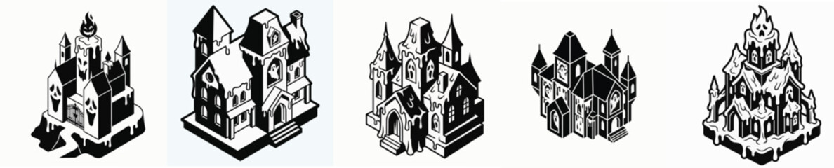 Fototapeta premium Collection of Detailed Black and White Isometric Mansion Illustrations for Halloween Decorative Design and Haunted House Projects