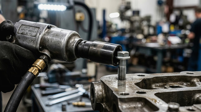 Mechanic uses pneumatic impact wrench to tighten bolt on engine block in busy industrial workshop with tools and machinery visible.