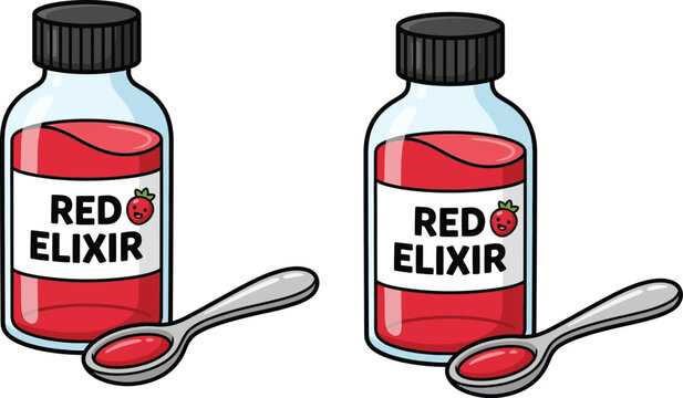 Bottle of red elixir with spoon and fruit illustration medicine illustration isolated background character container wellness refreshing supplement colorful