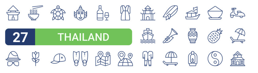 Set of 27 linear Thailand icons for web projects, mobile apps and interface menus. Vector icon set including mafia, turtle, wine bottle, temple, beach and wat arun. © Icon World