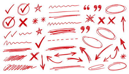 Handdrawn red marker elements, including check marks, crosses, arrows, circles, stars, underlines, and quotation marks © Tanjir