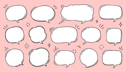 Set of handdrawn speech bubbles, comic style thought balloons, doodle talk clouds, blank message frames for text, vector illustration on pink background © Tanjir