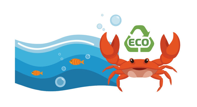 Crab with eco recycle symbol and blue waves.