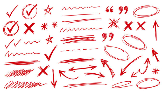 Handdrawn red marker elements, including check marks, crosses, arrows, circles, stars, underlines, and quotation marks