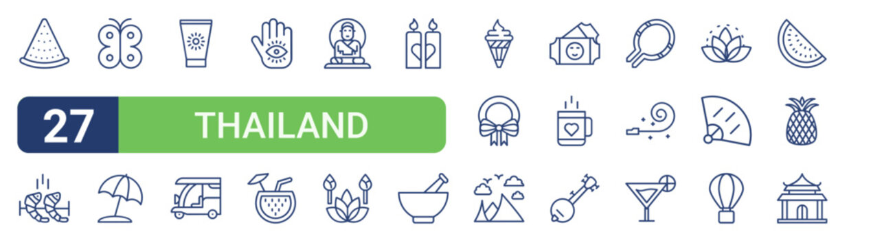 Set of 27 linear Thailand icons for web projects, mobile apps and interface menus. Vector icon set including seafood, sunblock, buddha statue, cone, banjo and wat arun.