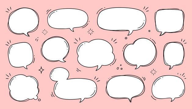 Set of hand drawn speech bubbles, comic style thought balloons, doodle talk clouds, blank dialogue frames with decorative elements on pink background