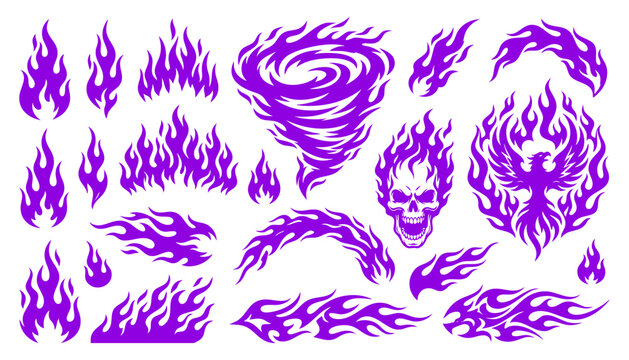 Set of purple fire flames, tribal vector shapes, burning elements, bonfire silhouettes, stylized flame icons