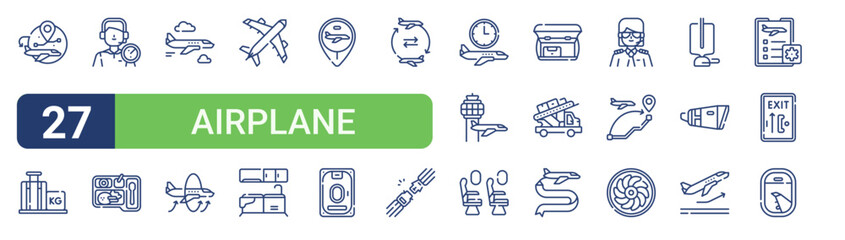 Set of 27 linear Airplane icons for web projects, mobile apps and interface menus. Vector icon set including weight, flying, pin, long flight, airplane flag and window. © Icon World