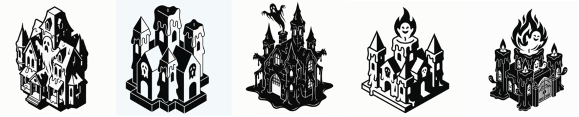 Fototapeta premium Set of Spooky Halloween Haunted Castle and Gothic Mansion Icons