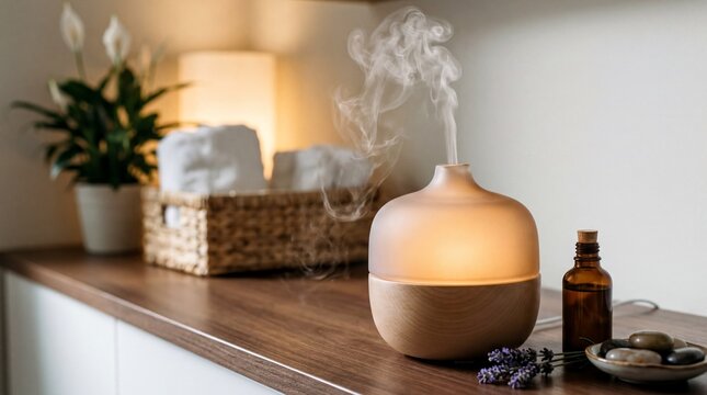 aromatherapy essentials, a serene essential oil diffuser emits calming mist and soft warm light