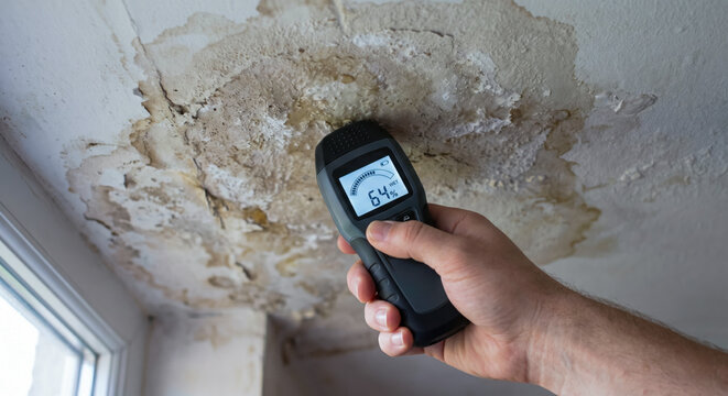 Closeup of a moisture meter measuring high humidity in a water-damaged ceiling with peeling paint and stains. Concept of leak detection, mold prevention, home inspection, and repair.