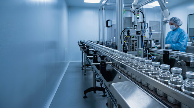 Worker in protective gear monitors automated pharmaceutical bottle filling line inside sterile manufacturing facility with robotic equipment.