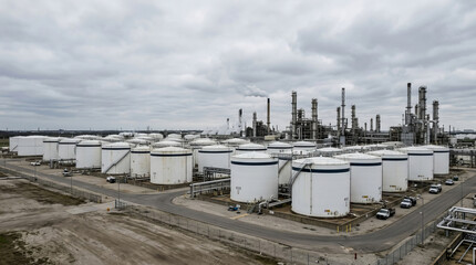 Obraz premium Aerial view of large white industrial storage tanks and refinery towers under a cloudy sky at an oil processing facility.