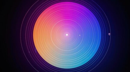 Naklejka premium Abstract colorful gradient circle with orbiting lines. Dynamic geometric pattern on dark background. Modern futuristic design for tech or science themes.