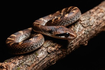 Fototapeta premium Brown patterned snake rests on tree branch. Reptile with black eye and forked tongue is coiled, looking forward. Wild animal in natural habitat.