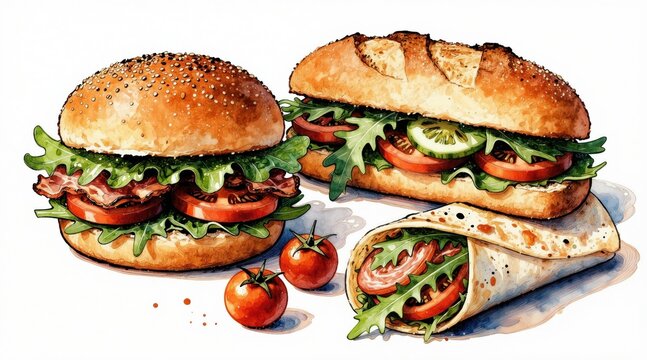 Watercolor illustration of diverse sandwiches and wraps ready to eat. Burgers subs and burrito filled with fresh lettuce tomatoes and bacon. Healthy fast food options for lunch.