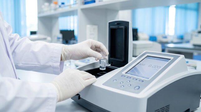 Laboratory scientist wearing gloves placing a small clear cuvette into a digital spectrophotometer machine