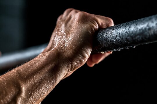 Sweaty hand grips textured metal bar with water droplets. Close-up on muscle exertion against dark background