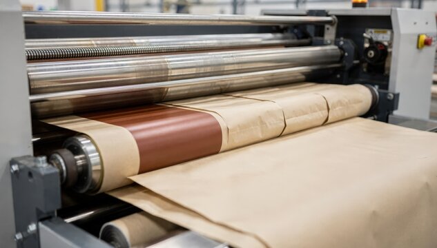 Medium shot of a flexo press printing singlecolor custom bakery bags showcasing precise ink application on lightweight paper bags for small batch branding.