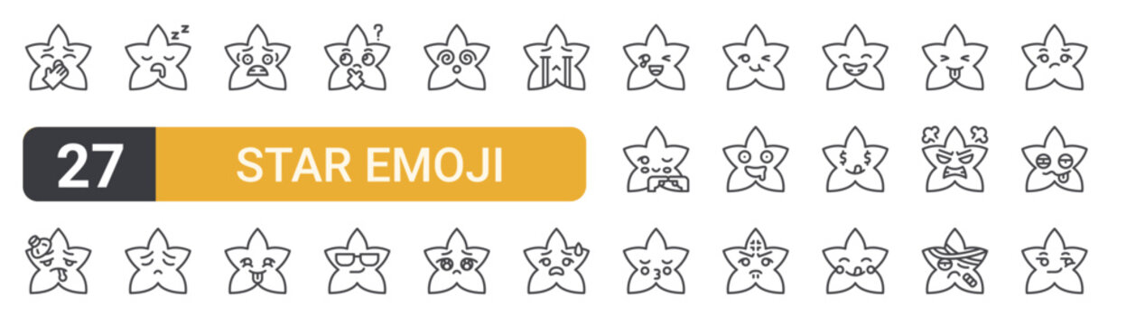 Set of 27 thin line Star Emoji icons for app screens, websites and product dashboards. Outline vector pack featuring yawning, fever, sleeping, feeling blue, fear and star.