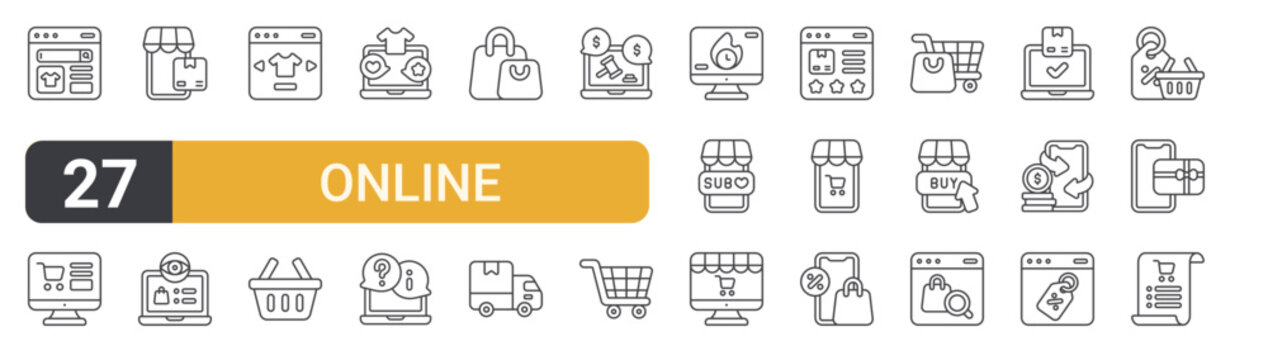 Set of 27 thin line Online Shopping icons for app screens, websites and product dashboards. Outline vector pack featuring online shopping, computer, package box, view list, website and shopping
