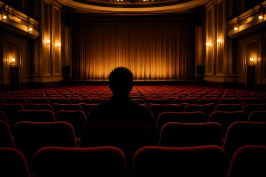 Silhouetted figure sits alone in dark theater. Rows of red seats stretch toward golden curtain. Warm lights frame ornate walls, casting soft glow. Audience waits for performance, quiet and expectant