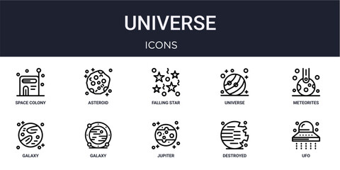 Set of 10 linear Universe icons for interface projects, presentations and web graphics. Outline symbol collection with Asteroid, universe, galaxy, jupiter and destroyed planet. © Munis