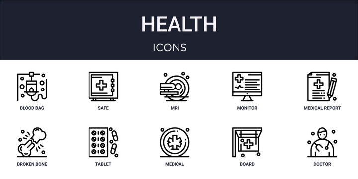 Set of 10 linear Health icons for interface projects, presentations and web graphics. Outline symbol collection with safe, monitor, broken bone, medical and board.