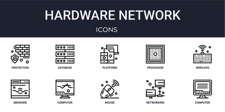 Set of 10 linear Hardware Network icons for interface projects, presentations and web graphics. Outline symbol collection with database, processor, browser, mouse and networking.