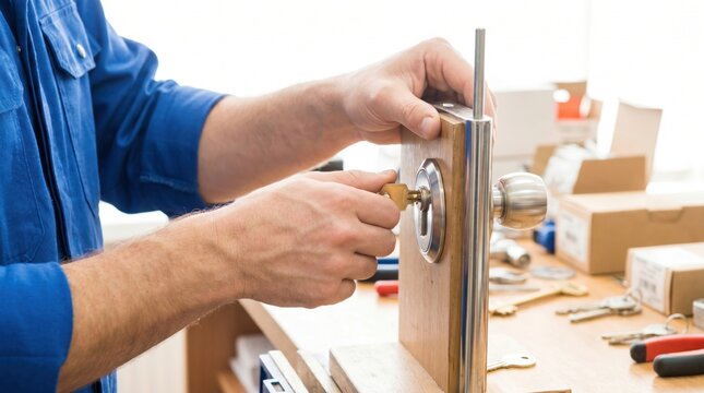 Locksmith hands inserting a brass key into a silver door knob cylinder on a wooden testing stand