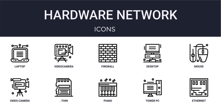 Set of 10 linear Hardware Network icons for interface projects, presentations and web graphics. Outline symbol collection with videocamera, desktop computer, video camera, piano and tower pc.